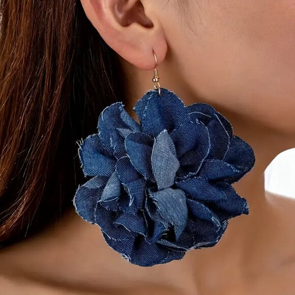 Passion of Essence Jewelry - Bohemian Handmade Denim Fabric Flower Dangle Earrings, Blue
